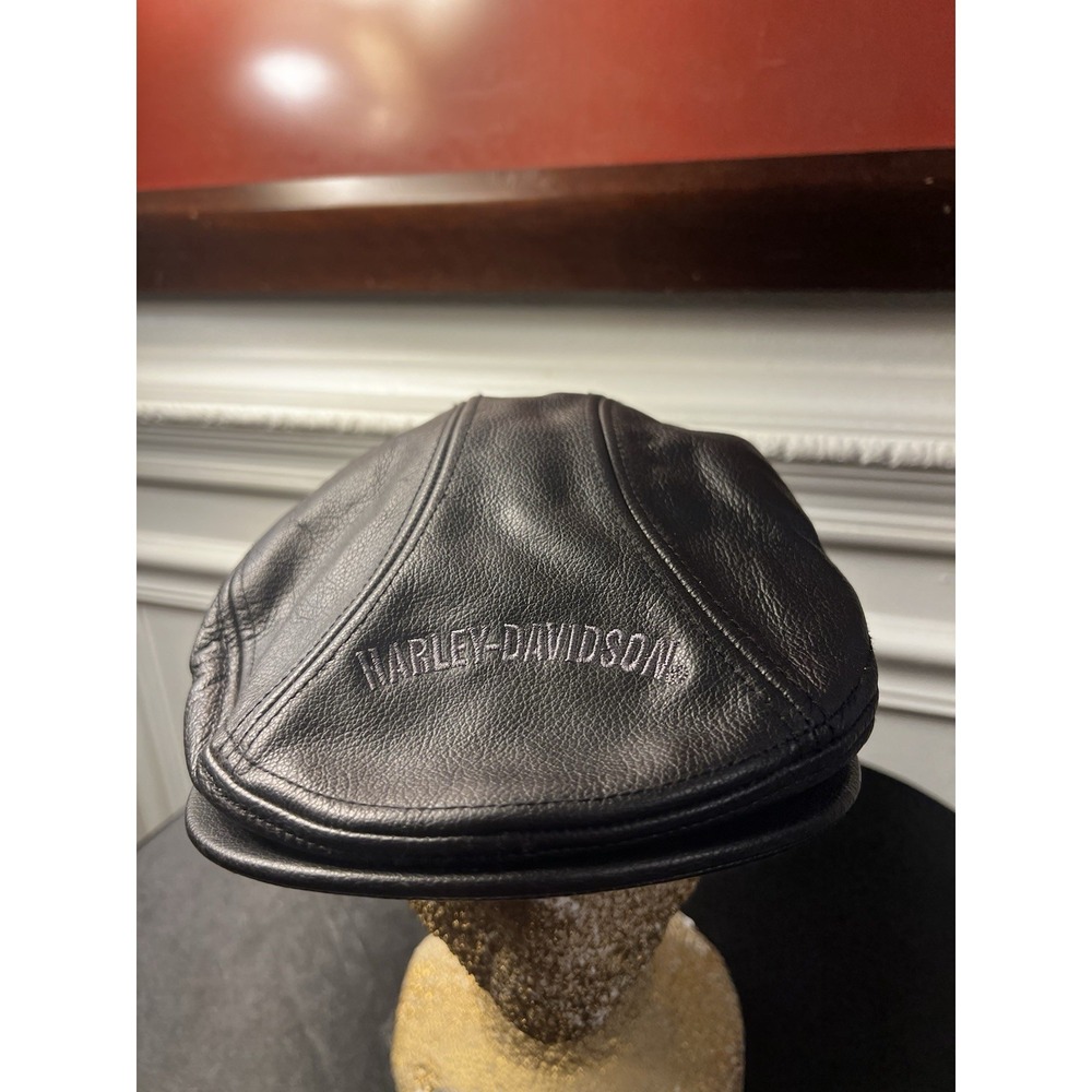 Harley-Davidson Black Genuine Leather Newsboy Ivy Cap Hat Excellent Condition L